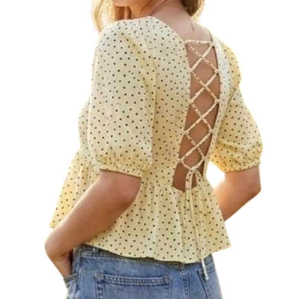 NEW UO Urban Outfitters Butter Yellow Polka Dot Blouse Large